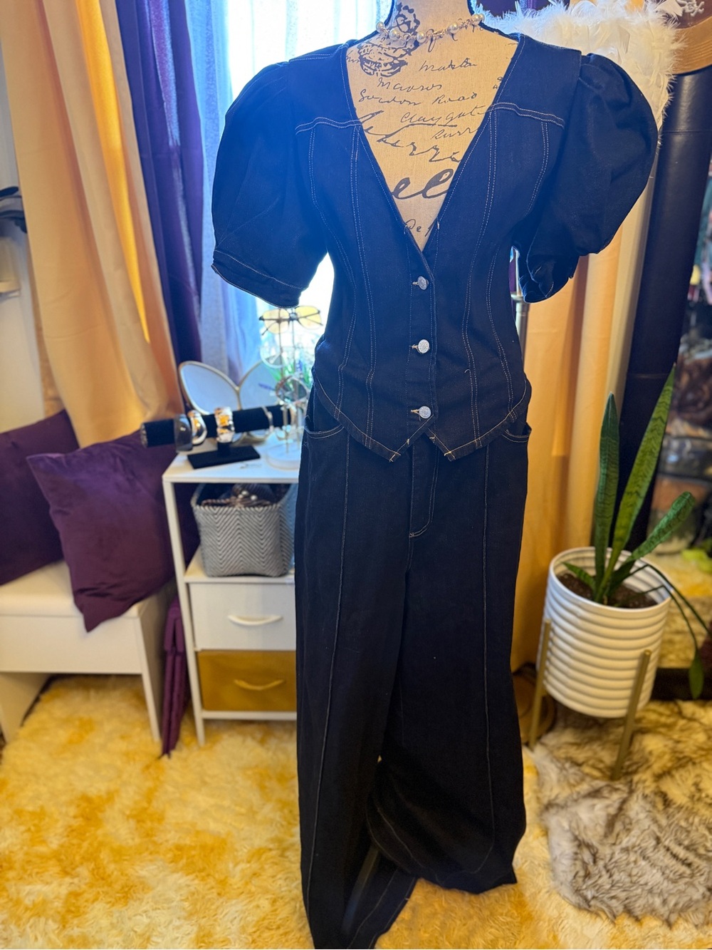 Dark Denim Puff Sleeve V-Neck Jumpsuit - Picture 1 of 4